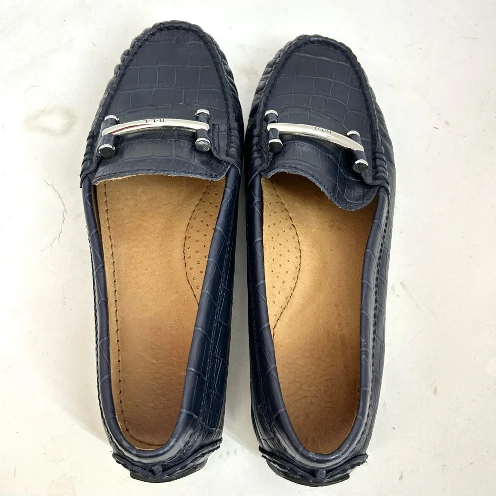 Lauren Ralph Lauren Caliana Croc Embossed Navy Leather Driving Loafers 7.5